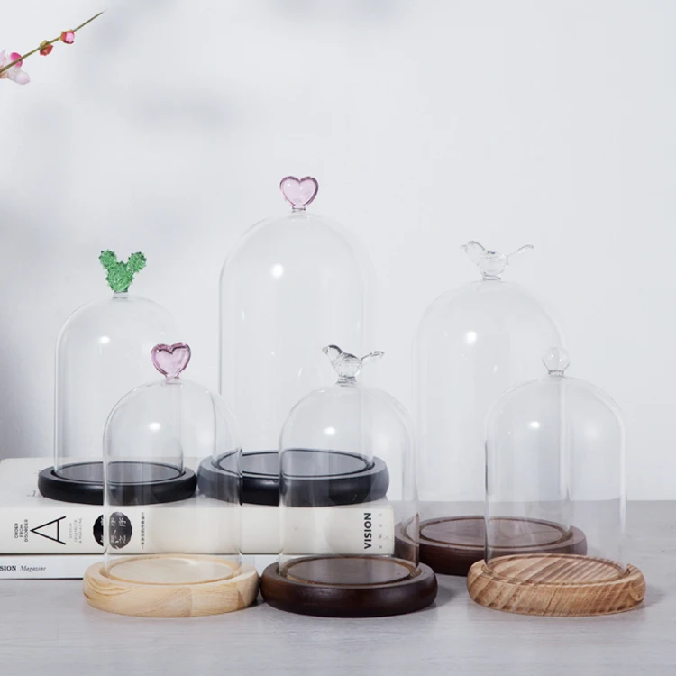Heat Resistant Borosilicate Glass Clear Dust Proof Glass Bell Jar Cloche Glass Dome with Cute Heart Handle and Wood Base