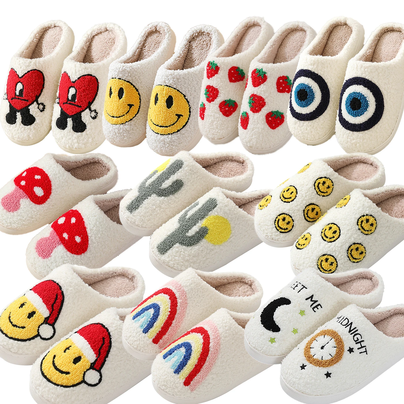 2023 Anti-Slip Flat House Indoor Warm Soft Cozy Female Fashion Happy Strawberry Heart  Fluffy Ladies Home Slippers for Women