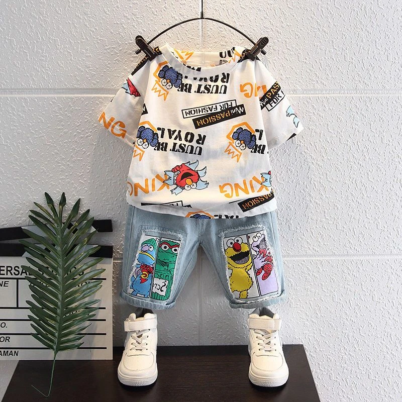 2024 fashion boys summer clothes set children clothing for baby boys kids 2pcs top+ denim pants clothes set