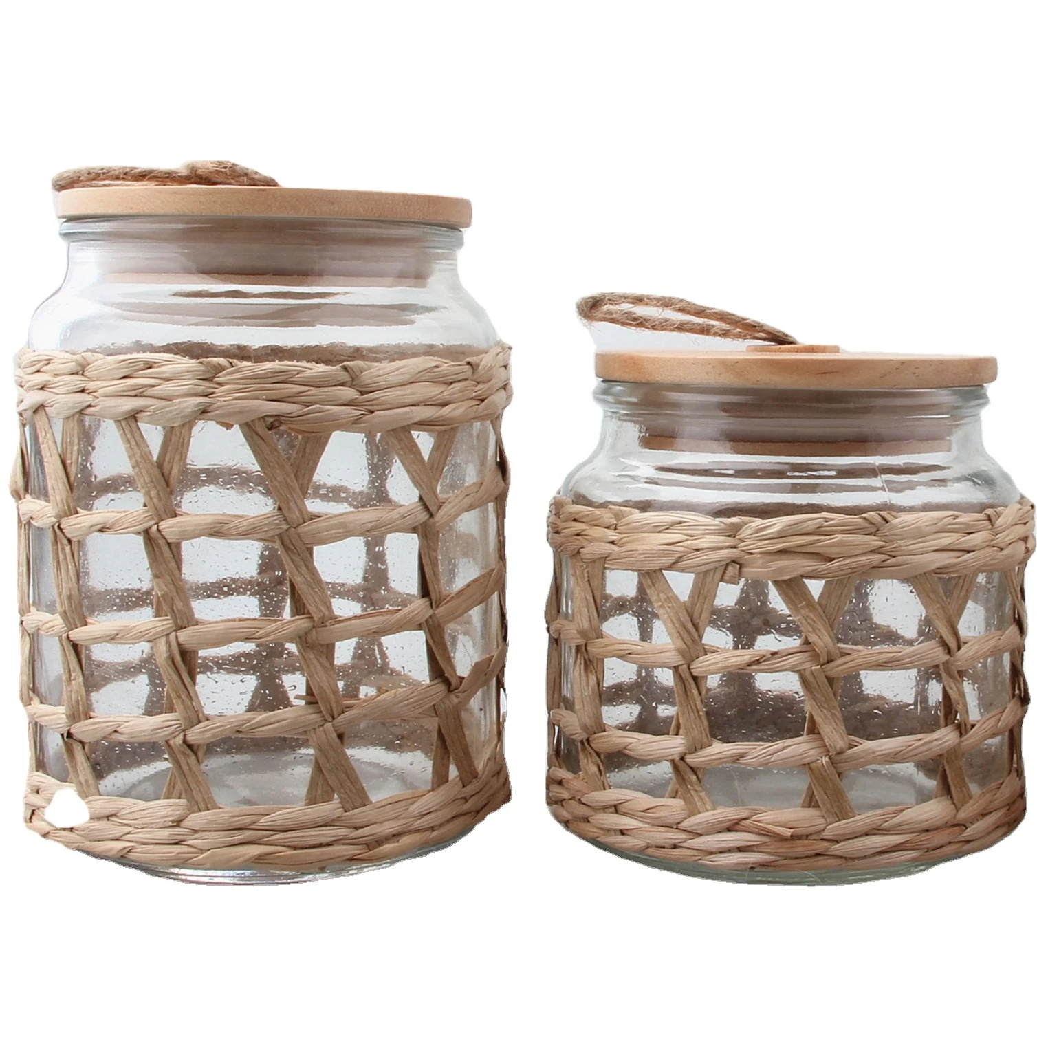 New design hot sale glass food storage jar and canister with hemp rope wooden lid and grass straw coating for kitchen home decor