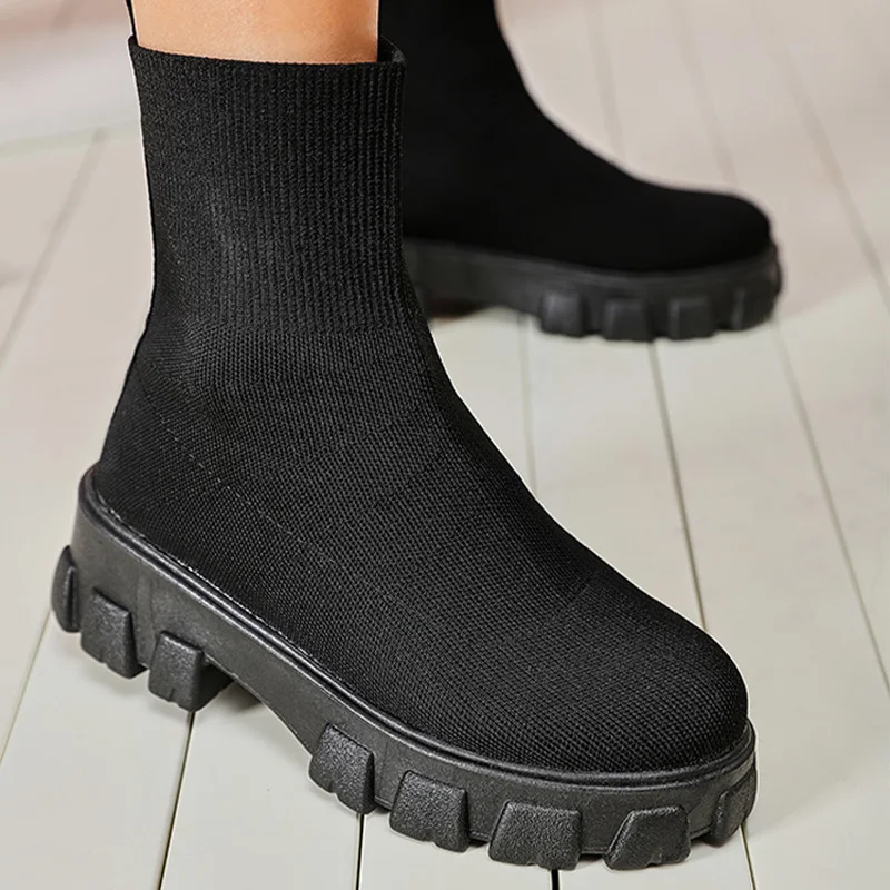 Women Boots Slip On Western Ankle Boots Platform Knitted Ladies Autumn Socks Boots for Women Fashion Female Booties 2021