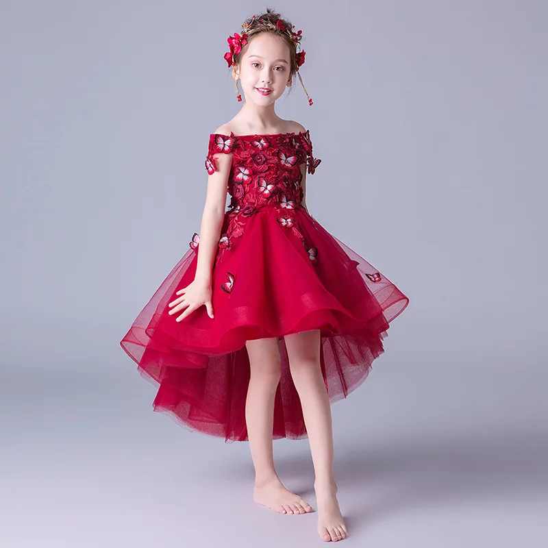 Red lace ruffle butterfly design Princess high-low Wedding Dress Boat Neck Flower Girl Dress