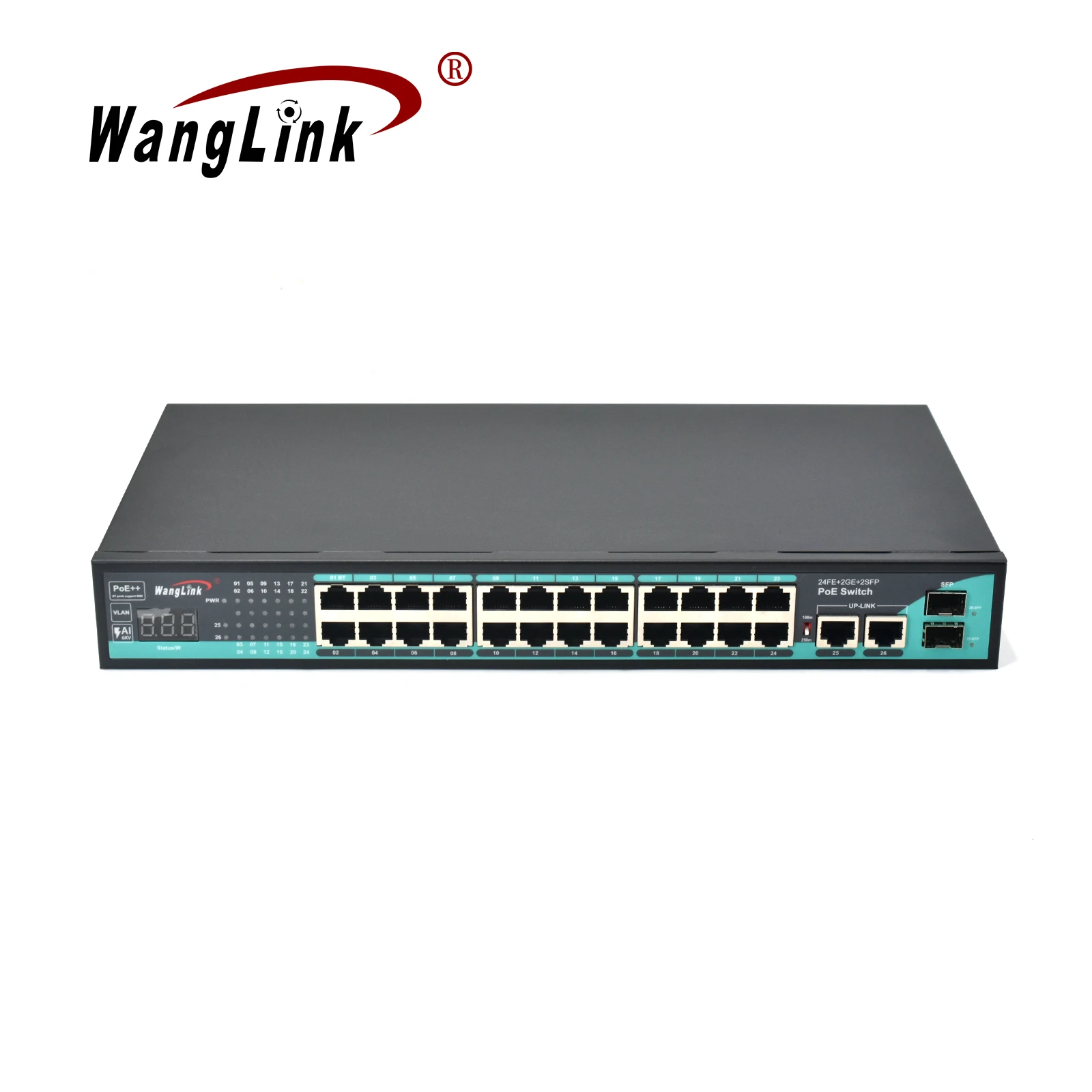 Wanglink PoE Ethernet Switch 24 10/100M PoE Ports 2 GE RJ45 Uplink 2 GE SFP Slot Switch PoE with VLAN and Digital Display