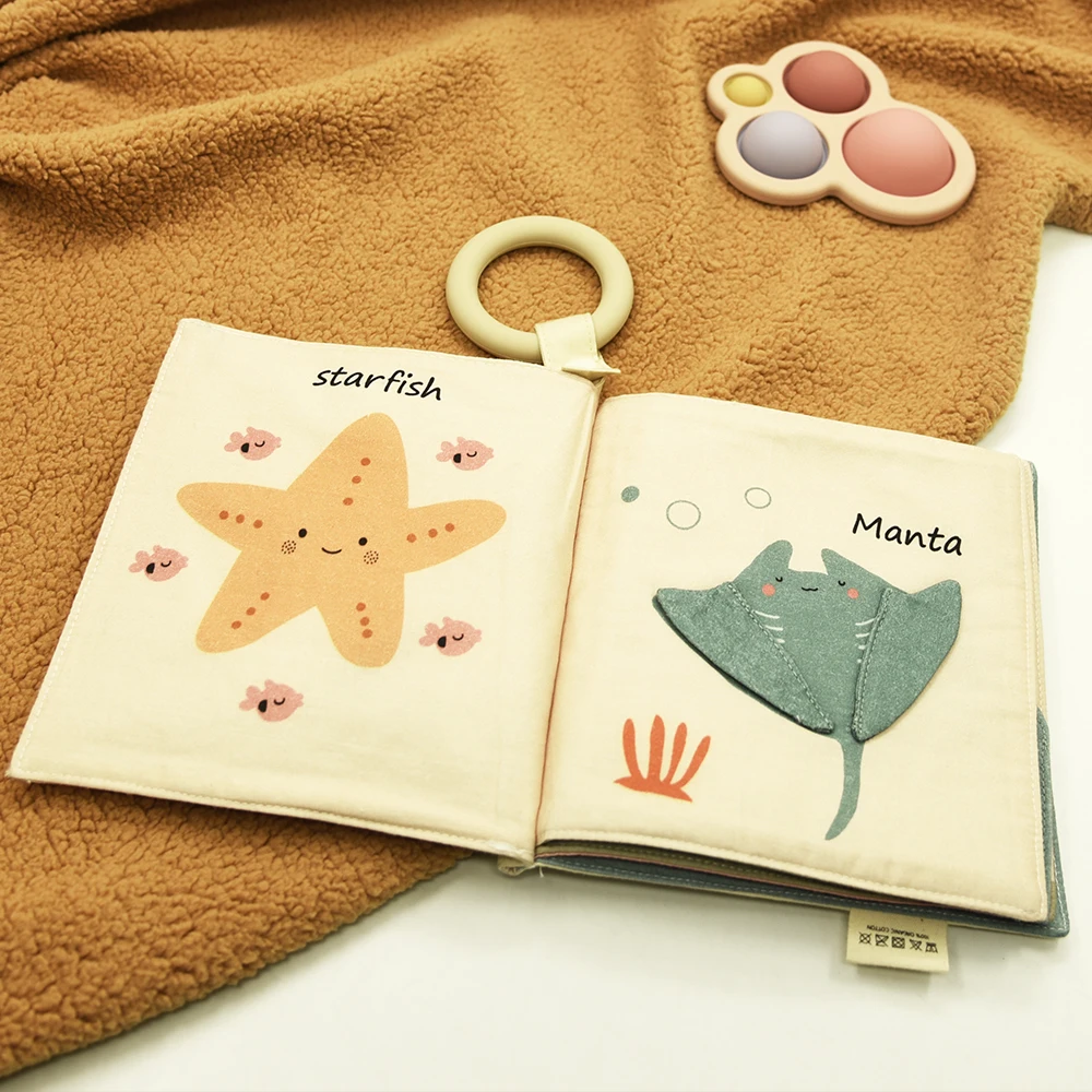 Manufacturer Low MOQ Customize Marine Animal Baby Cloth Book Soft Fabric Baby Plush Book For Baby Toy