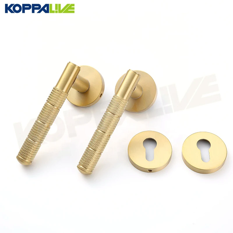 Koppalive Brass Casting Knurled Design Lever Handle Door Lock Set Gold Luxury Interior Villa Apartment Bedroom Dummy Door Handle