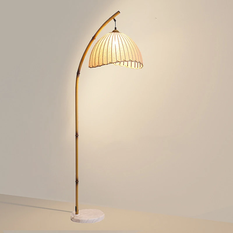 Retro Zen Wabi Sabi Hotel Corner Decorative Arc Weaving Fabric Lampshade Marble Base Simulated Bamboo Fishing Floor Lamp