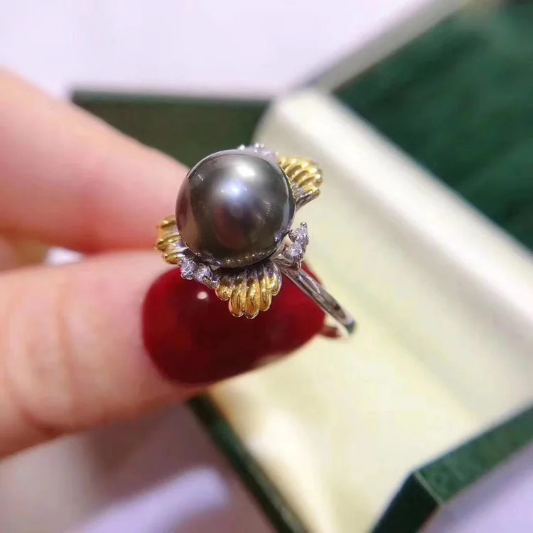8-10mm Real Natural Black colour Tahitian Pearl 925 Sterling Silver With Gold Plated Adjustable size ring simple style for women