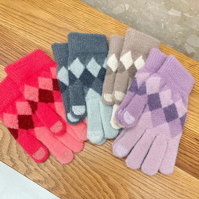 2025 Winter Hand Warmer Green Blue Purple Grey Red Pink Khaki Argyle Diamond Knit Thick Fluffy Warm Mittens Touch Screen Gloves
