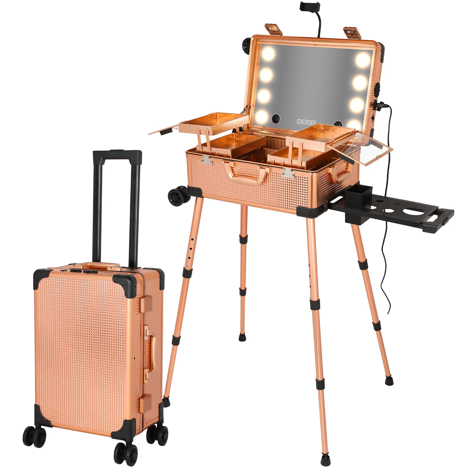 Keyson Makeup Vanity Box Aluminum Rolling Makeup Cosmetic Train Case With Lights With Legs  For Makeup Artists