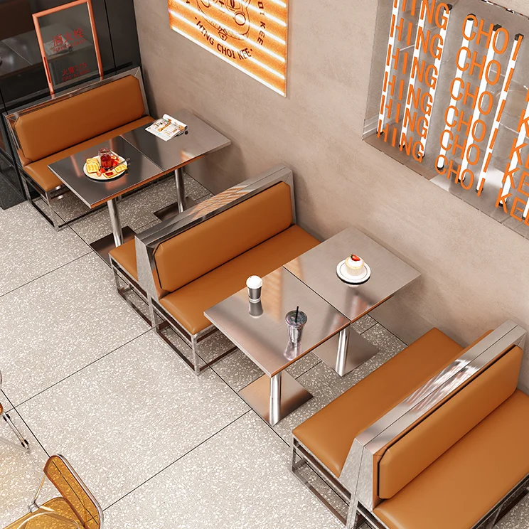 stainless steel chrome food court restaurant folding dining chair and PU leather booth sofa set for cafe bistro furniture