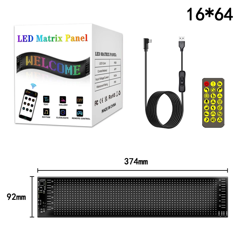 1024 LED Scrolling Advertising LED Signs USB LED Car Sign App Control Custom Text Pattern LED Fullcolor Display