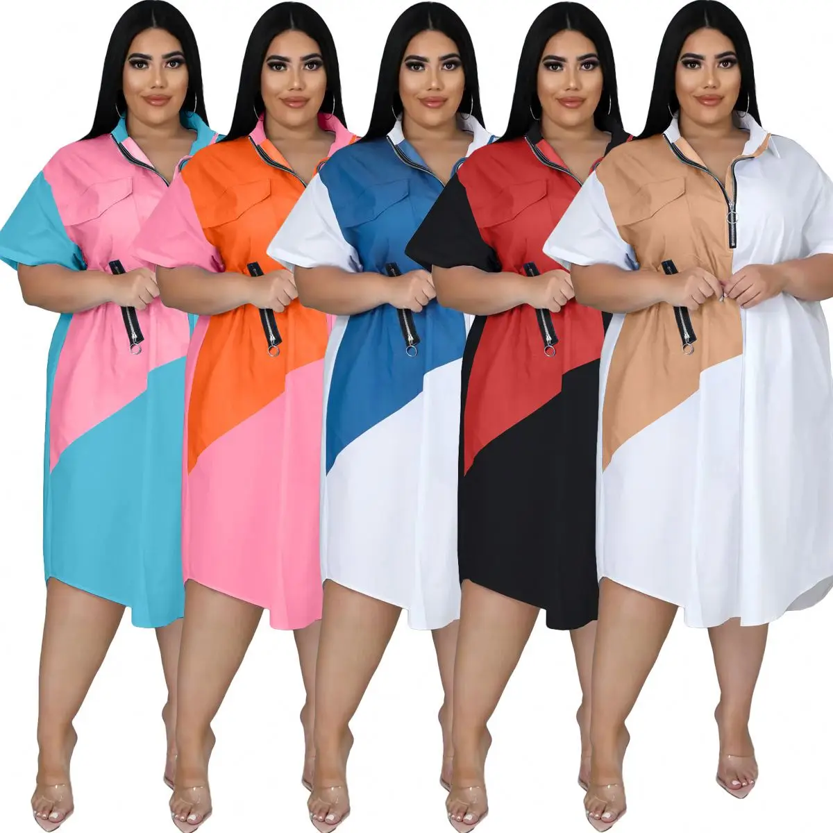 summer fashion plus size women clothing loose stitching contrast color short sleeve zipper clothes womens casual shirt dresses