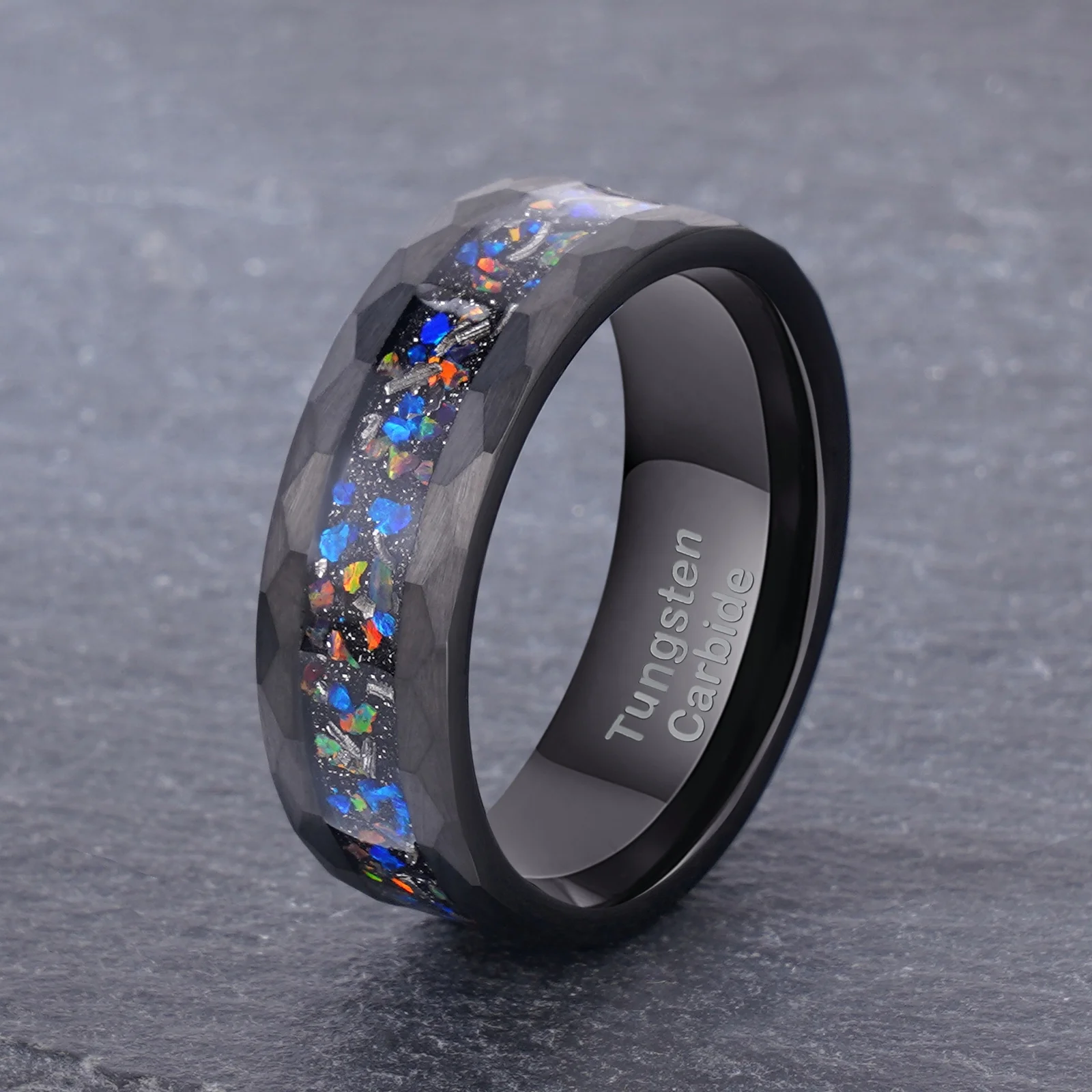 POYA Custom Black Hammered Meteorite Ring Tungsten Galaxy Opal Inlay Luxury Wedding Band for Men