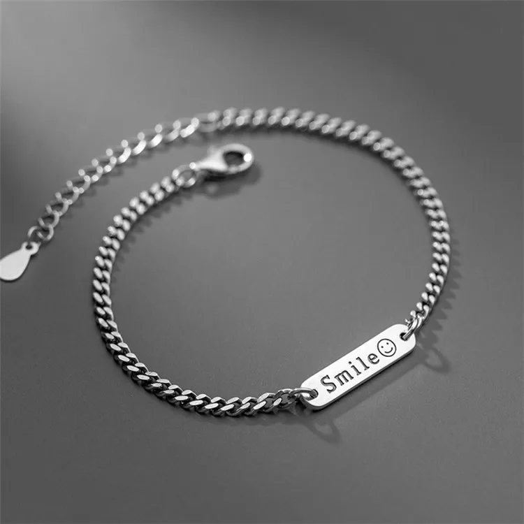 Wholesale Sterling Silver Cuban Link Chain Bracelet Ladies Bar Bracelet Smile Engraved Friendship Bracelet Best Friend Gift