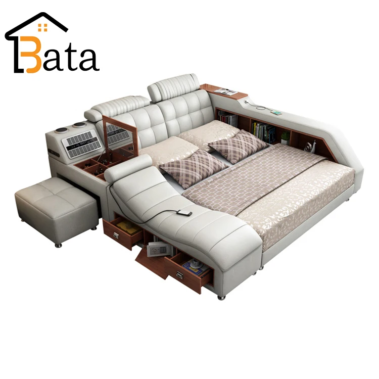 Modern Leather Fabric Bed With Storage Box Multimedia Function Household Bed Bedroom Furniture Sets