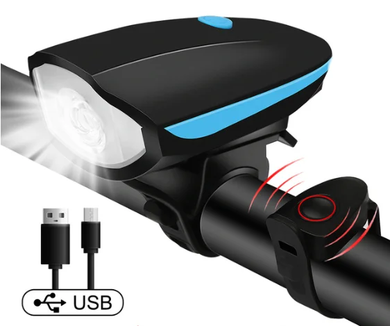 Waterproof Bicycle Front Light with Bike Horn USB Rechargeable Bike Front Lamp Electronic Bell Cycling Flashlight Accessories