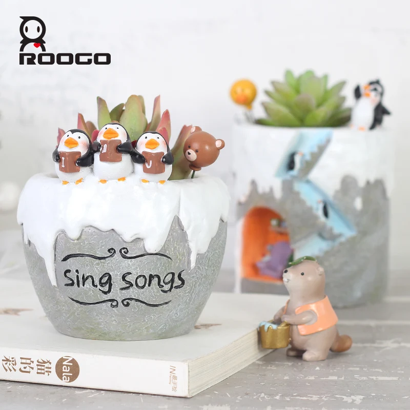 Roogo cute ice penguin flower pots succulent planter garden plant pots decoration