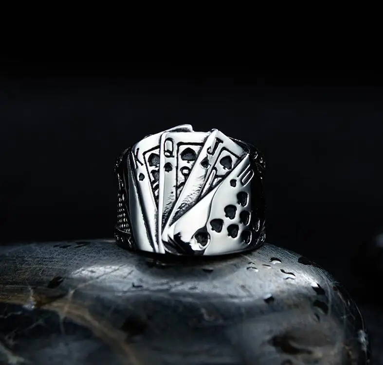 Hot Selling Stainless Steel Jewelry Men Magician Playing Cards Vintage Hip Hop Texas Holder Straight Flush Poker Ring