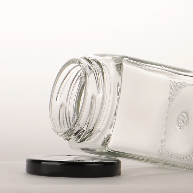 Square Honey Storage Bottles 200ml 280ml 380ml Jam Food Glass Jars For Sauce Honey Glass Jars With Deep Metal Lid