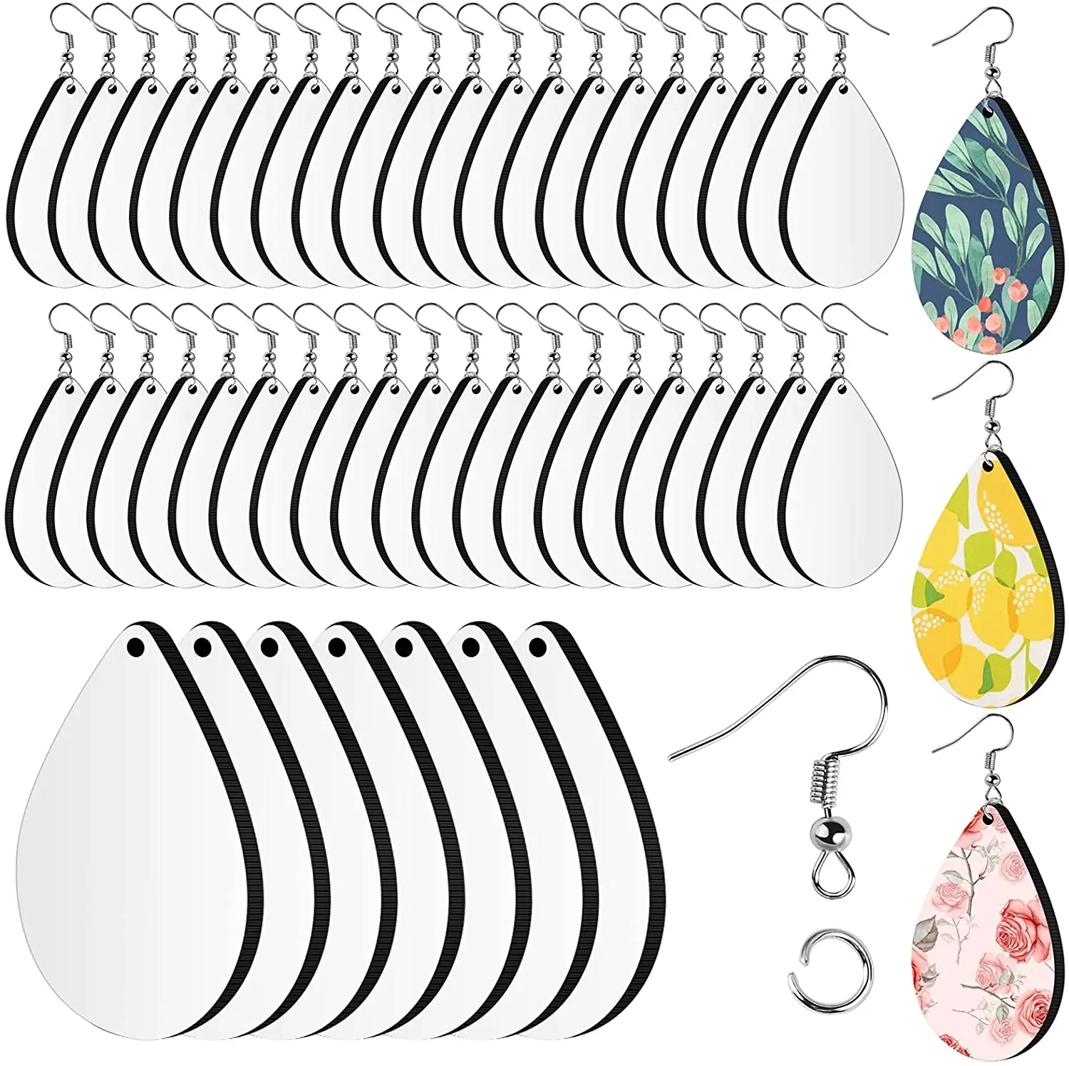 50 Pieces Sublimation Blank Earrings, Unfinished Teardrop Heat Transfer Printing Earrings With Hook and Jump Rings