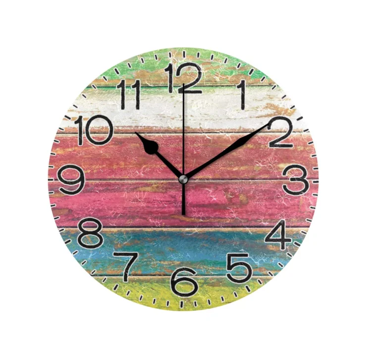Multicolored Wood Wall Clock Nature Classic  Round Shaped Home Decorative Creative Clock With Natural Wood Base