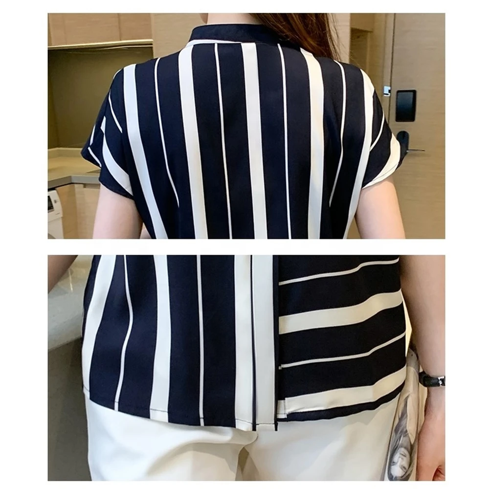 Wholesale New Arrival Oem Blouses Shirts Short Sleeve Summer Striped Chiffon Blouse Women Shirt Tops Ladies