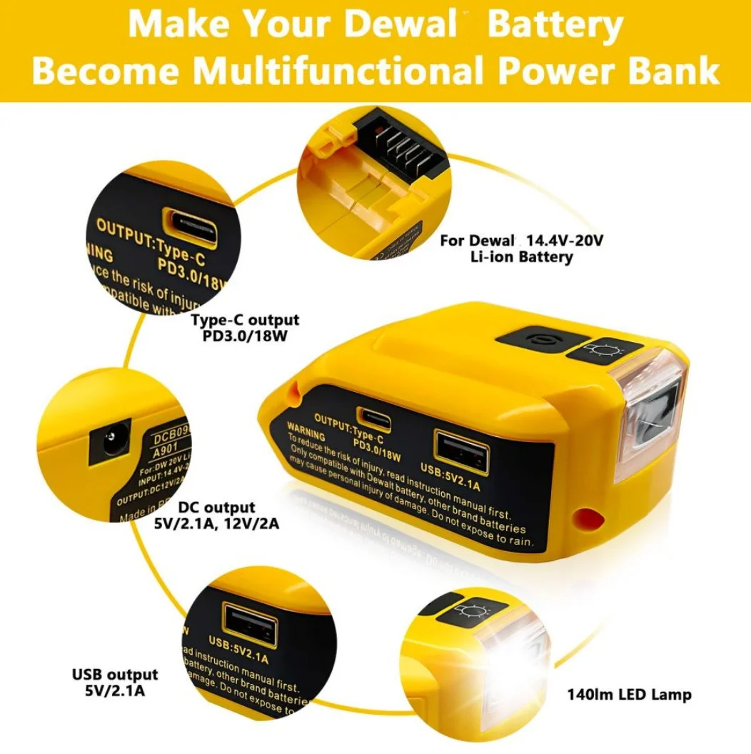 Power tool Battery Charger with led light suitable for DeWalt 12v/ 20V Lithium Battery adapter with  USB TYPE-C Fast charging