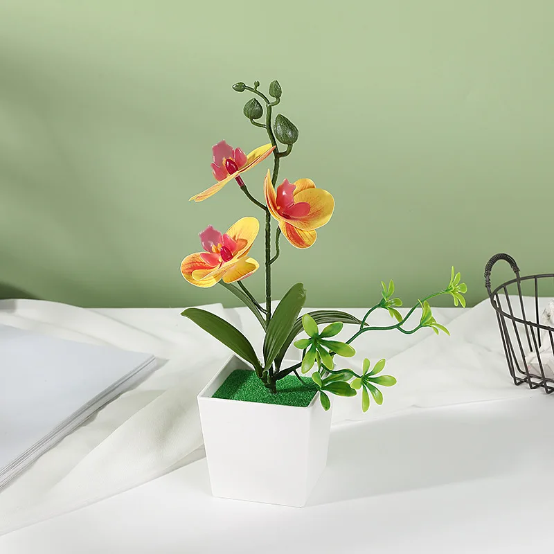 Mini Artificial Orchid Flowers with Plastic Vase 4pcs fake Potted plants for Wall Decor for Christmas Halloween Graduation