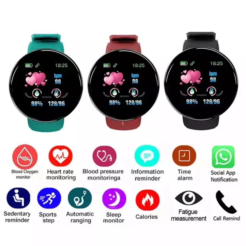 2022 New D18S Smart Watch Round Touch Screen Sports Wristband Pedometer Reloj Inteligente Fitness Heart Rate Monitor Smartwatch