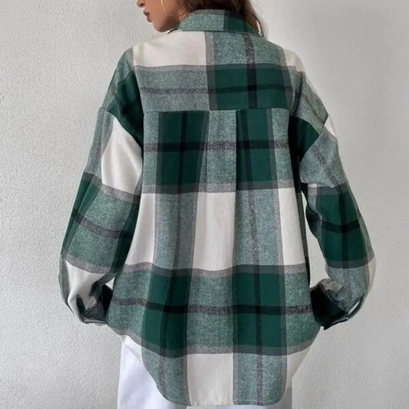 Vintage Women Clothing Latest Long Sleeve Loose Tops Pocket Button Up Plaid Coat