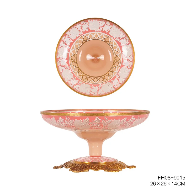 The Pink Glass Pieces with Gold Colored Brass with Design Bowl Vase with Lid for Living Room Home Decoration Ornament
