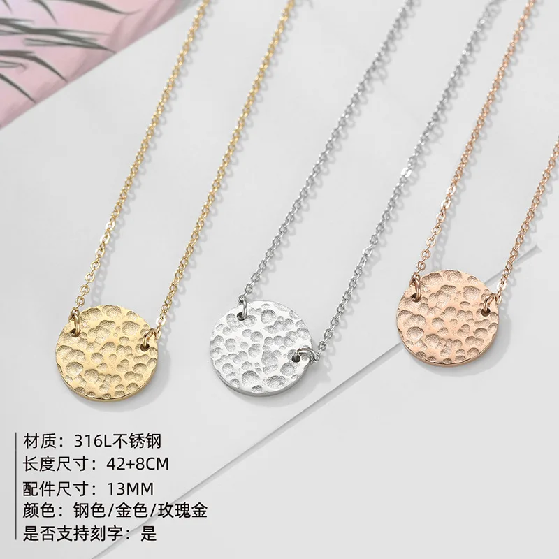 Simple Round Hammer Pendant Necklace Stainless Steel Gold Silver Necklace for Women Girls Hainon 584