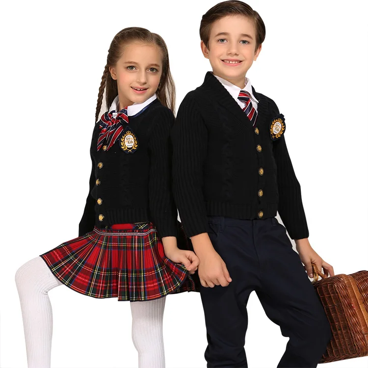 Tasteful cardigan kindergarten school uniform fabrics fad Knitted unisex kids uniforms school uniform wholesalers checked skirt