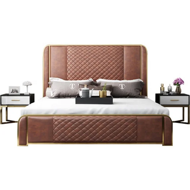 Cheap Nordic minimalist leather bed home furniture high headboard bed 5 star hotel bed linen solid wood frame
