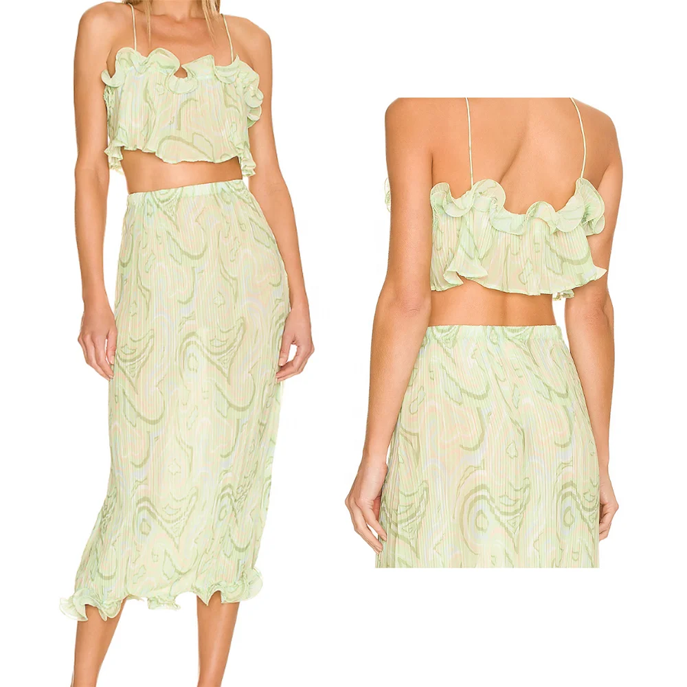 Custom green sling ruffles vest luxury ladies skirt suits strapping crop top pleated long skirt 2 piece skirt sets for women