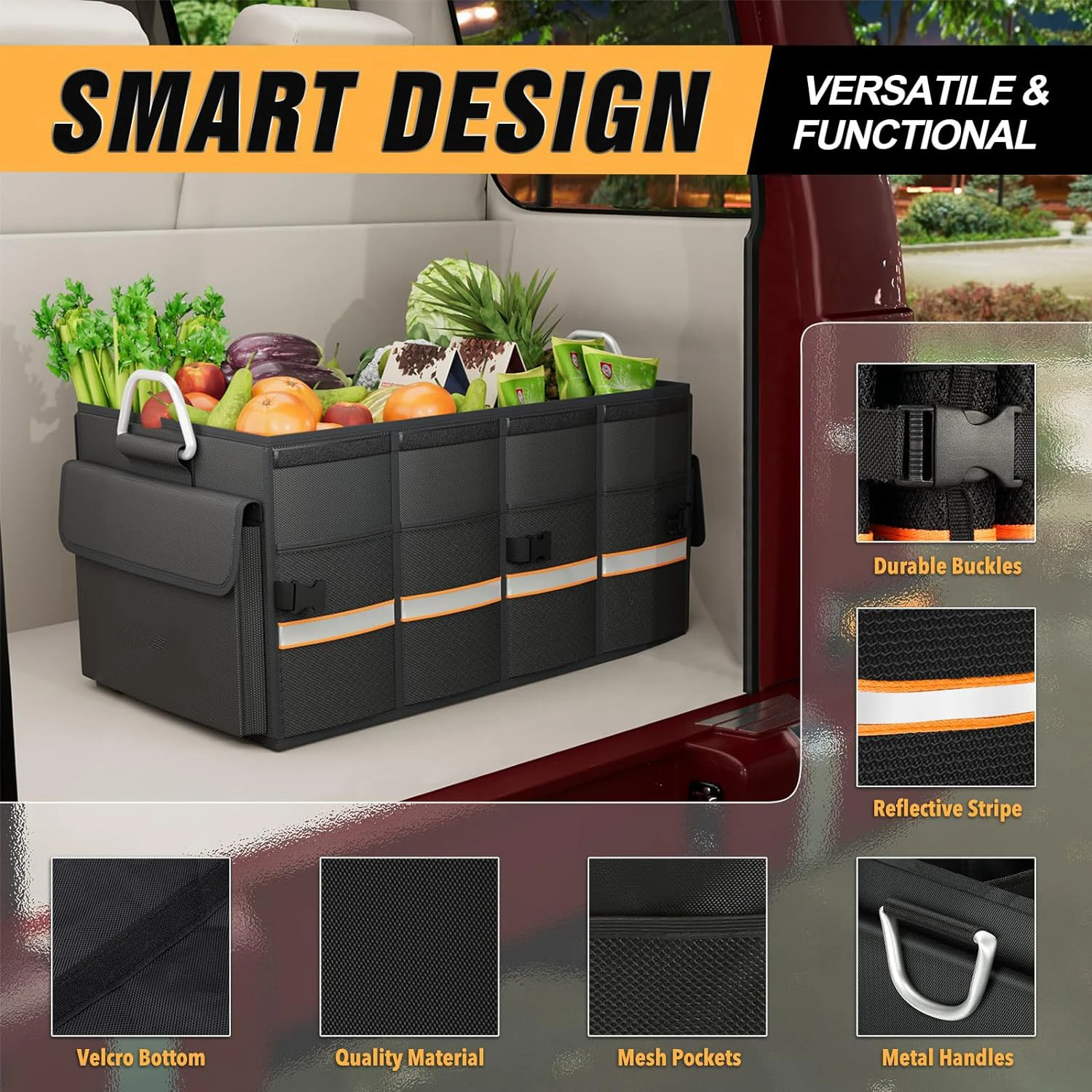 Multifunctional Waterproof 1680D Oxford Heavy Duty Collapsible Storage Box Car Trunk Organizer With Metal Handle