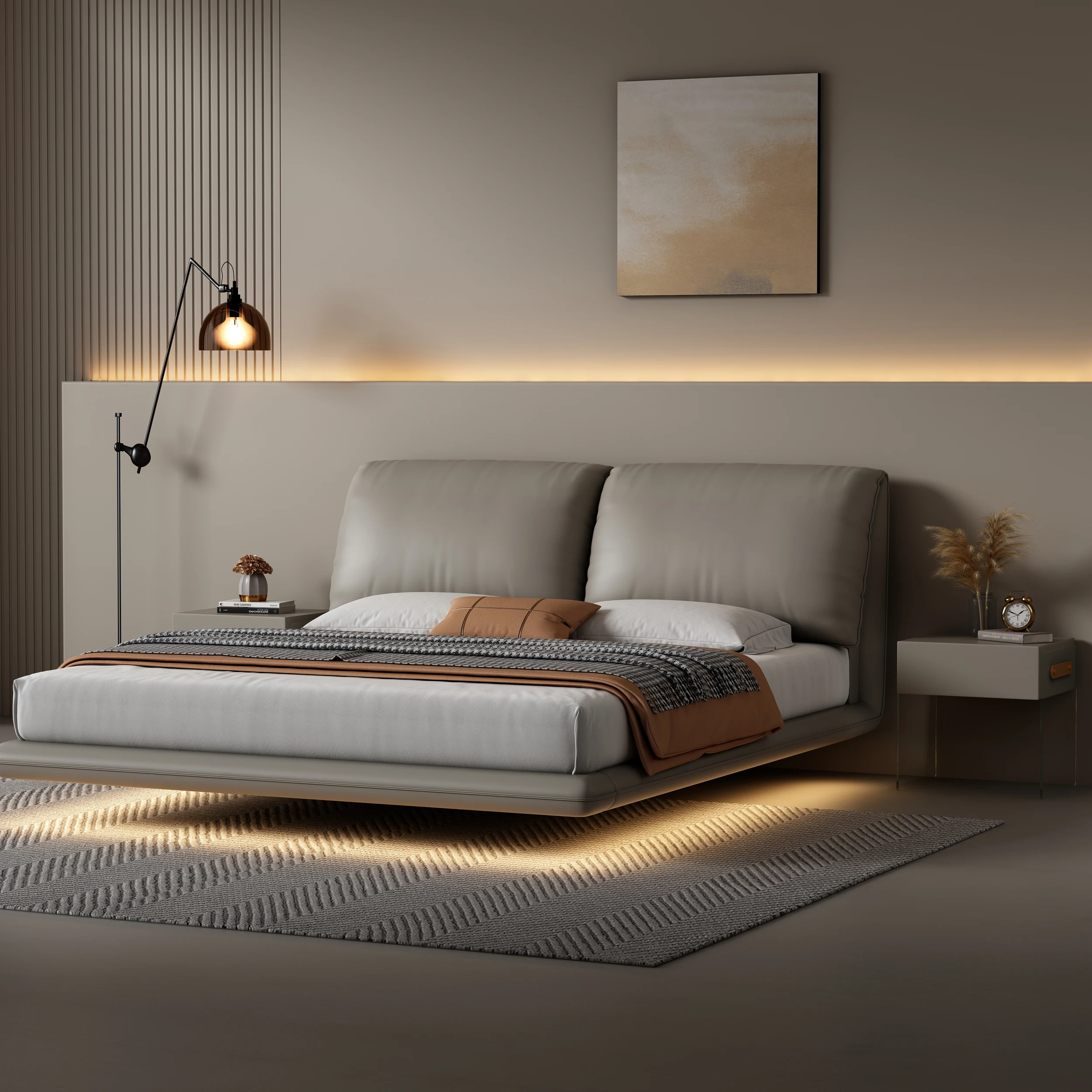 Modern Double-Sized Wooden Platform Bed Frame with Leather Upholstery Storage Feature and Lights Queen King Sizes Available