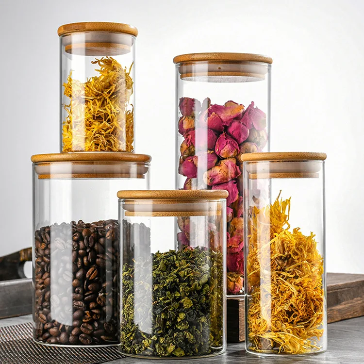 6.5*18cm Food Storage Glass Canisters with Airtight Bamboo Lid For Tea Coffee Beans Grains Candy Jar Containers