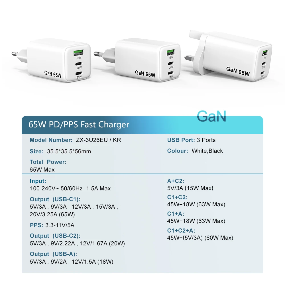 GaN PD 65W EU Multi-Port PD PPS QC Type-C Wall Phone Fast Charger for Laptop Tablet