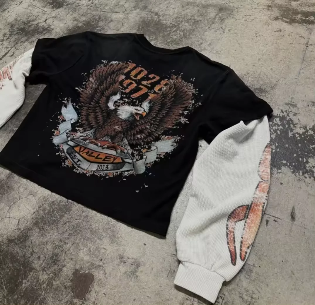 Hot Selling Street Style Custom Logo Screen Print Shirt Street Wears  Double Layers Thermal long Sleeve Pullover Shirts