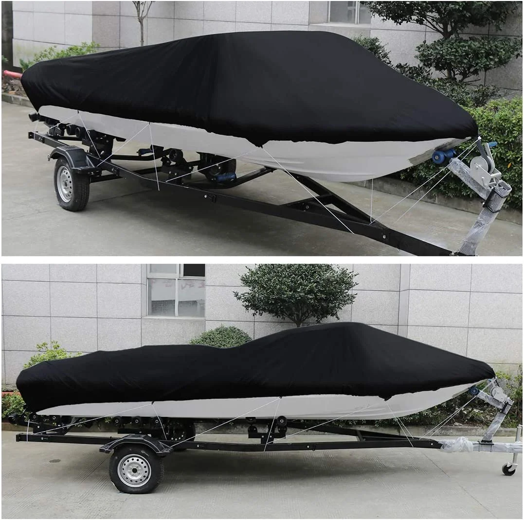 Heavy Duty 420D Waterproof Canvas Trailable Waterproof Boat Cover V-Hull Tri-Hull Runabout Boat Cover