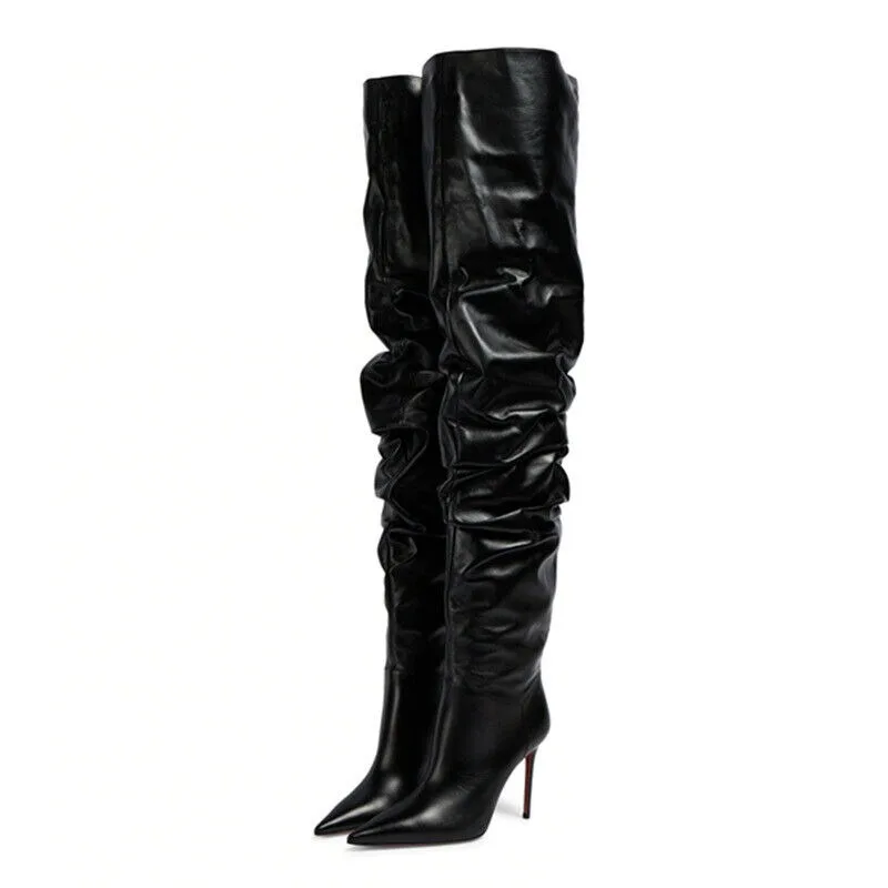Factory Custom Luxury Womens Black Faux Leather Pleated Thigh High Over-the-Knee Pointed Toe High Heels Stiletto Boots