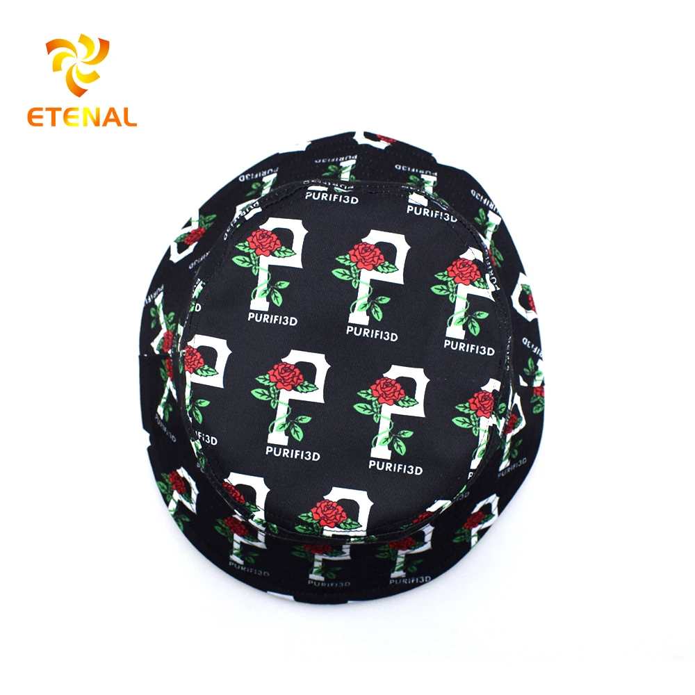 Reversible Custom Logo Allover Printed and Embroidered Cotton Fisherman Bucket Hat With Private Brand Label