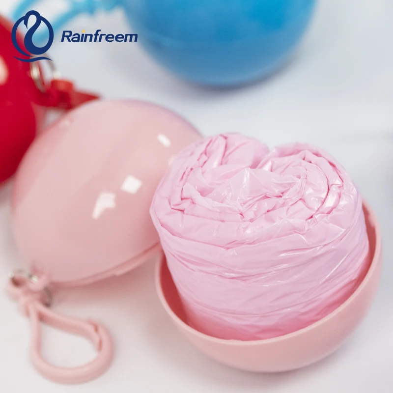 Logo Custom Portable Disposable Waterproof Compression Poncho Raincoat in Keychain Printed Pocket Balls for Adults Kids