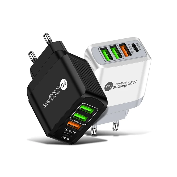 Most Popular Products 36W 4-Port QC3.0 3USB + PD Wall Fast Chargers Power Adapters for iPhone Samsung LG HTC