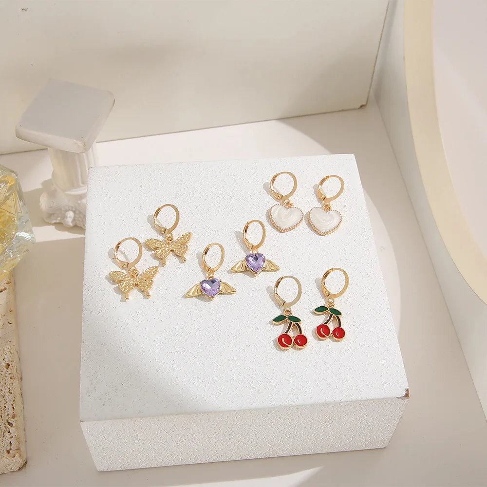 PUSHI fashion creative rhinestone cherry earrings fruit butterfly wings earrings pearl ear clip 9 pairs combo earrings set