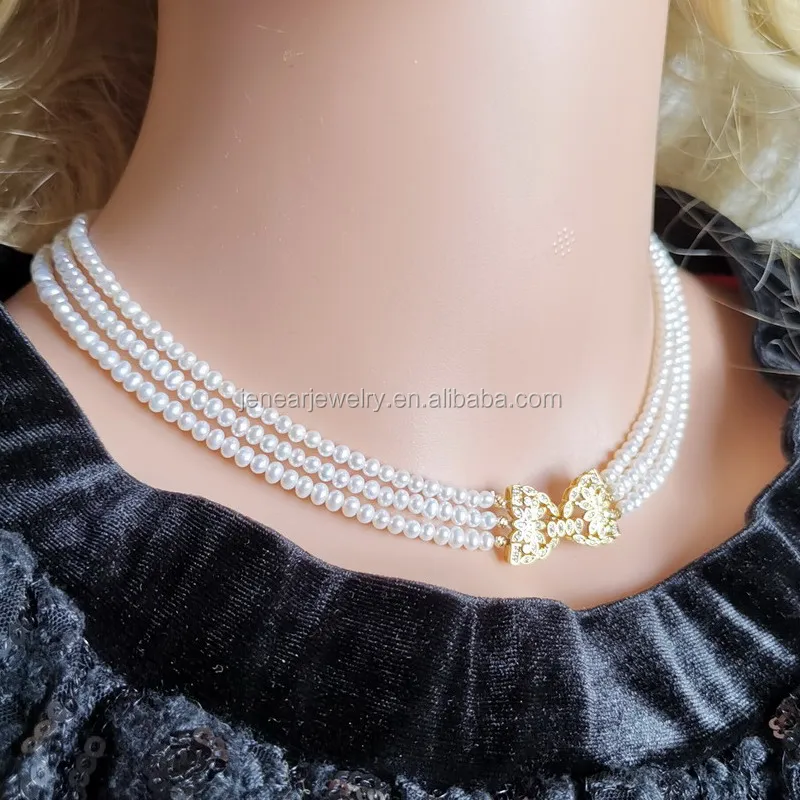 Natural pearl necklace luxury three layered pearl necklace freshwater royal mini pearl necklace with gold flower clasp