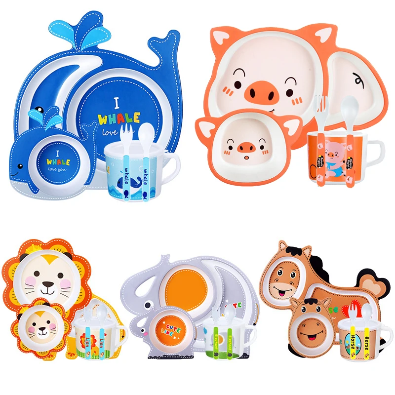 Bamboo fiber tableware Cute cartoon whale elephant giraffe baby kids children bowl divided plate spoon fork tableware set