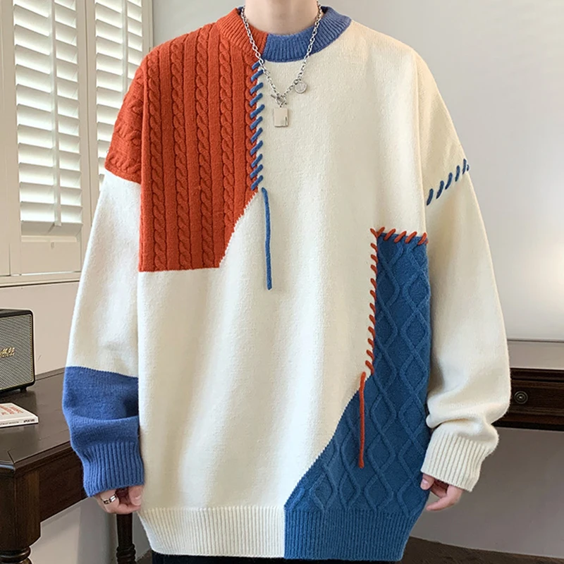 Autumn Winter Warm Knitting Mens Sweaters Fashion Turtleneck Patchwork Pullovers Korean Streetwear Pullover Casual Men Clothing