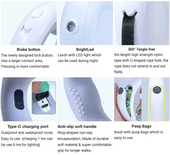 Custom Logo Heavy Duty Lead Strap Pet USB Charging Automatic Retractable Hands Free Dog Leash